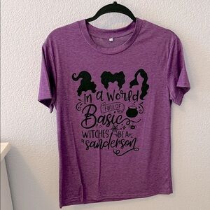 Novelty Hocus Pocus Purple Graphic Tee with Sanderson Sisters Witch Design.